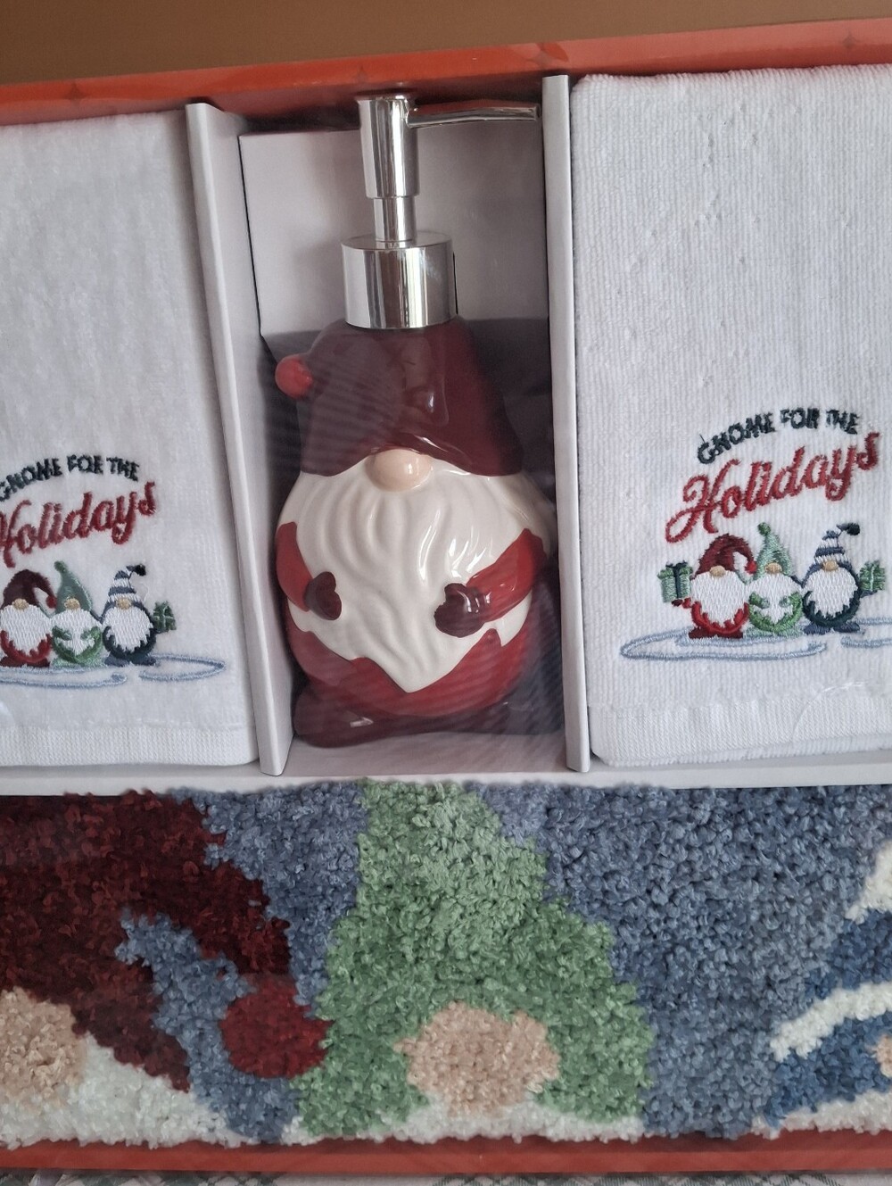 Holiday Gnome Soap Dispenser and Hand Towel Set NIB